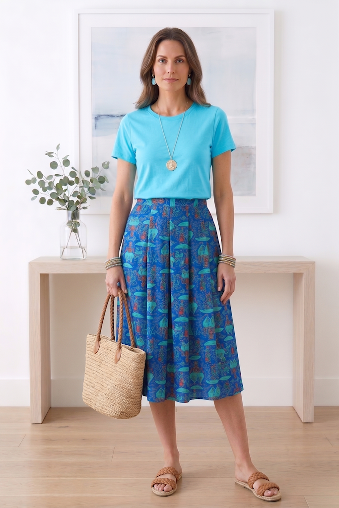 Vintage Blue Midi Skirt with Umbrella Novelty Print-ThisBlueBird