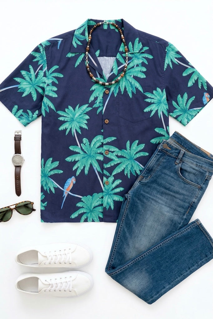 Vintage Blue Palm Trees & Parrots Hawaiian Print Shirt-ThisBlueBird