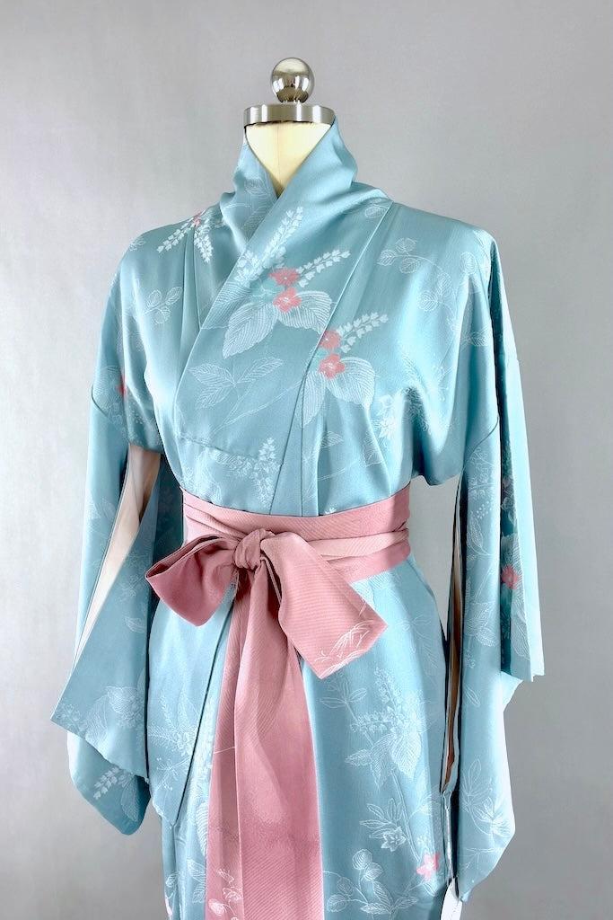 Vintage Blue &amp; Pink Floral Silk Kimono-ThisBlueBird