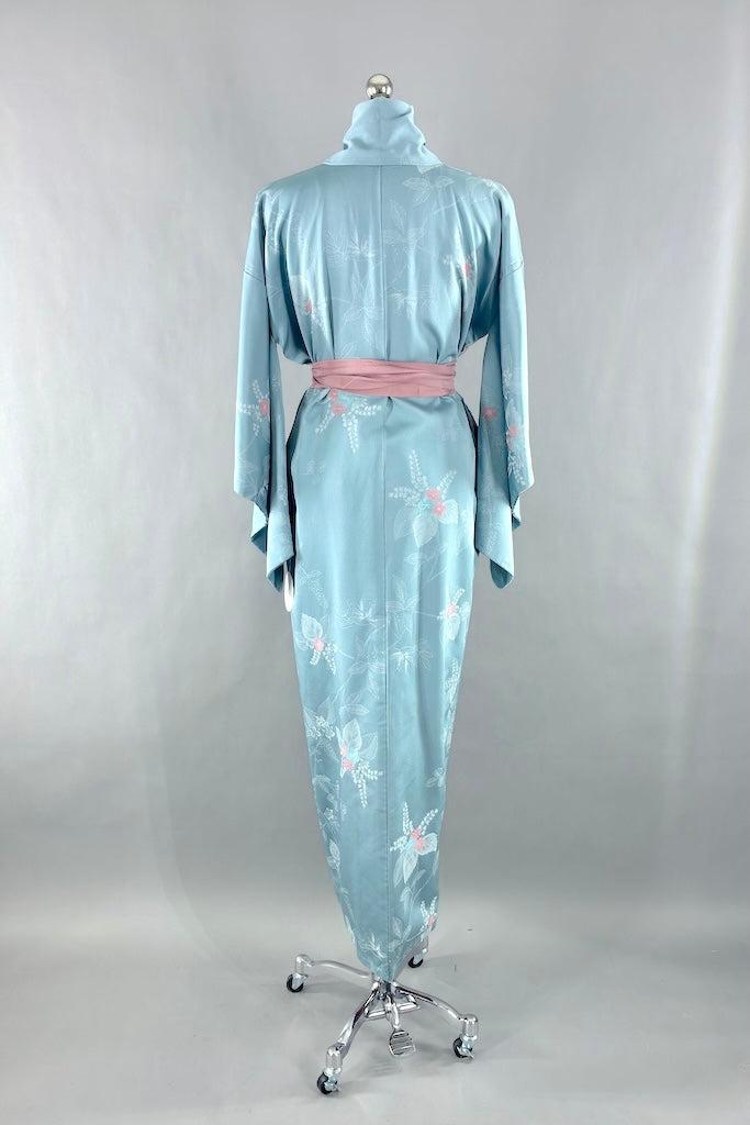 Vintage Blue &amp; Pink Floral Silk Kimono-ThisBlueBird