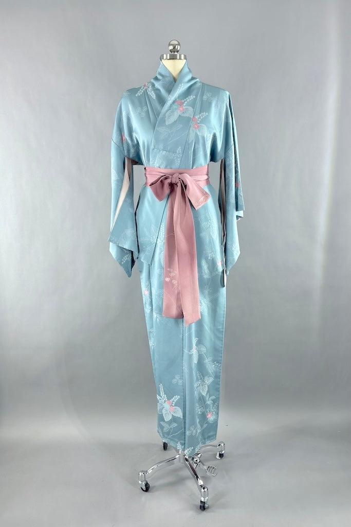 Vintage Blue &amp; Pink Floral Silk Kimono-ThisBlueBird