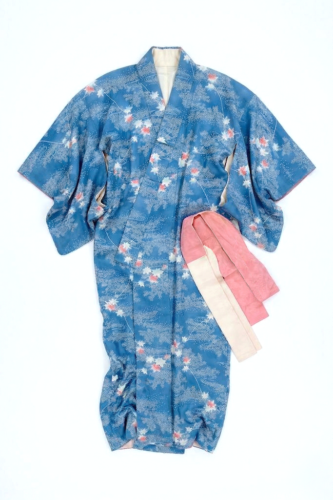 Vintage Blue & Pink Maple Silk Kimono Robe-ThisBlueBird