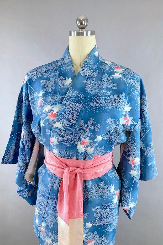 Vintage Blue &amp; Pink Maple Silk Kimono-ThisBlueBird