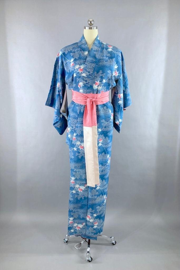 Vintage Blue &amp; Pink Maple Silk Kimono-ThisBlueBird