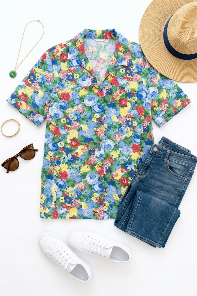 Vintage Blue Print Summer Shirt-ThisBlueBird