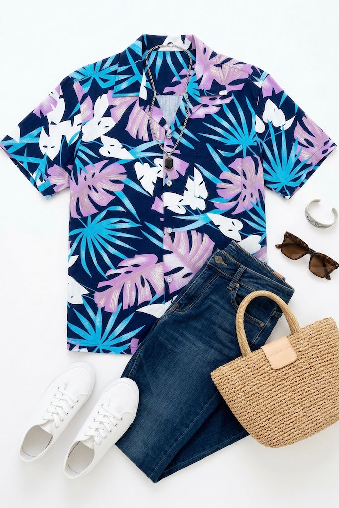 Vintage Blue &amp; Purple Hawaiian Print Shirt-ThisBlueBird