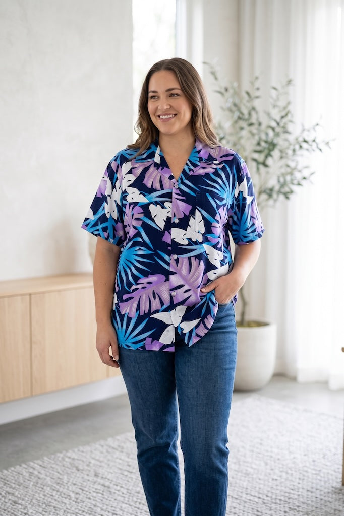 Vintage Blue &amp; Purple Hawaiian Print Shirt-ThisBlueBird
