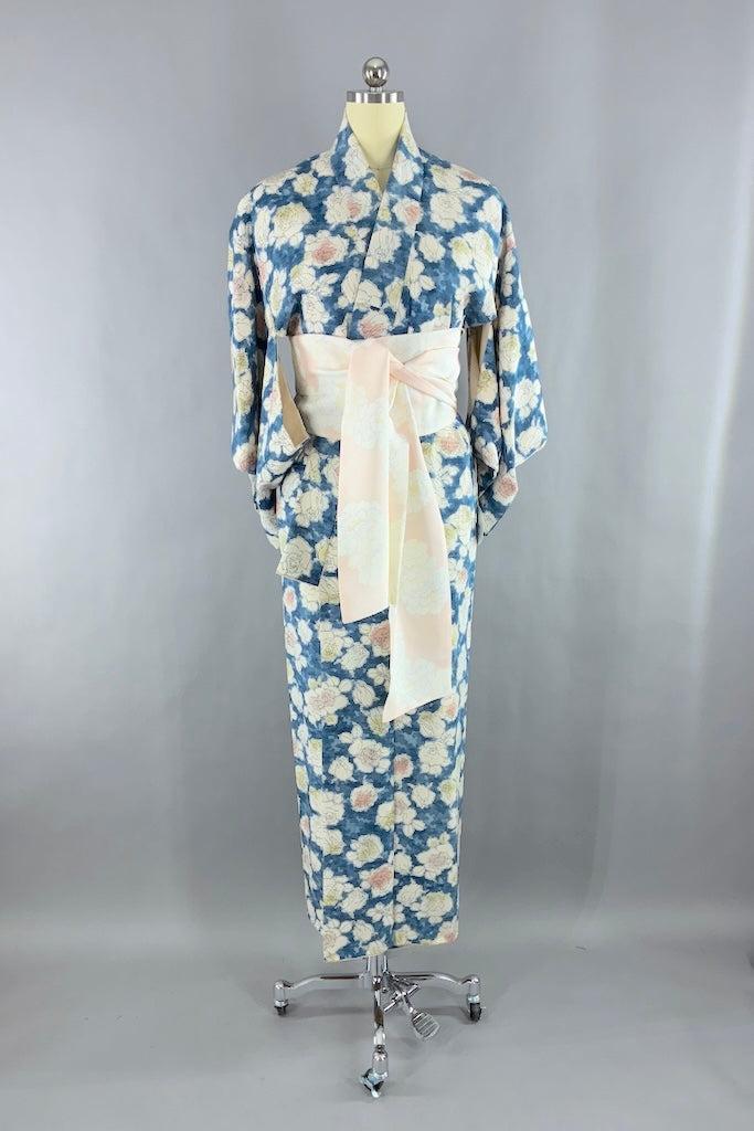 Vintage Blue Roses Silk Kimono-ThisBlueBird