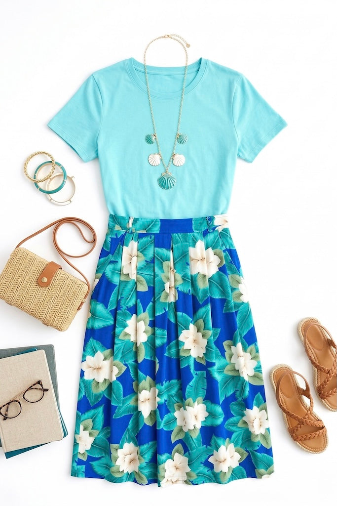 Vintage Blue Tropical Floral Skirt-ThisBlueBird