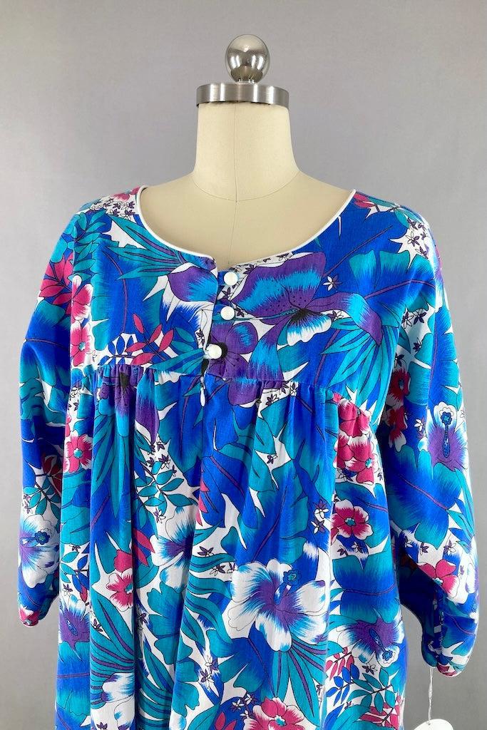 Vintage Blue Tropical Print Caftan Dress-ThisBlueBird