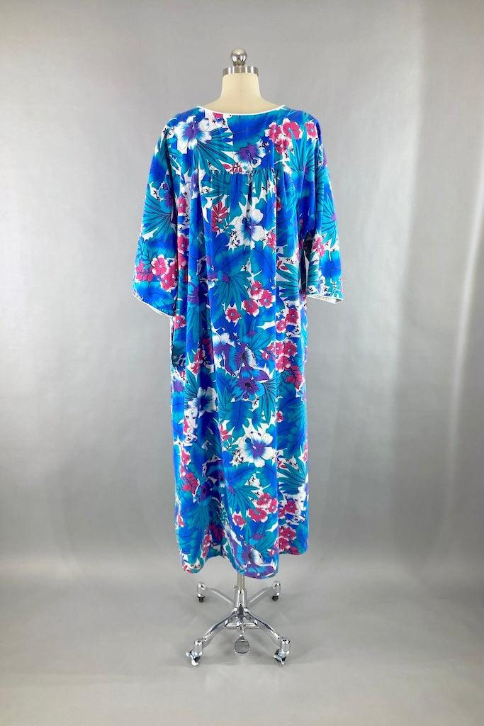 Vintage Blue Tropical Print Caftan Dress-ThisBlueBird