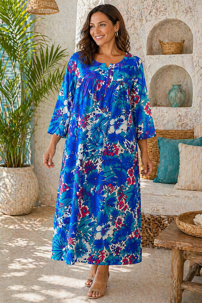 Vintage Blue Tropical Print Caftan Dress-ThisBlueBird