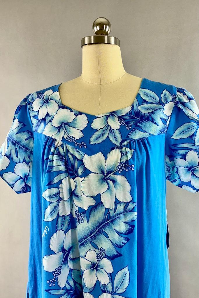 Vintage Blue & White Hawaiian Caftan Dress-ThisBlueBird