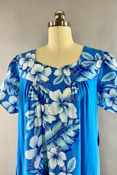 Vintage Blue & White Hawaiian Caftan Dress-ThisBlueBird