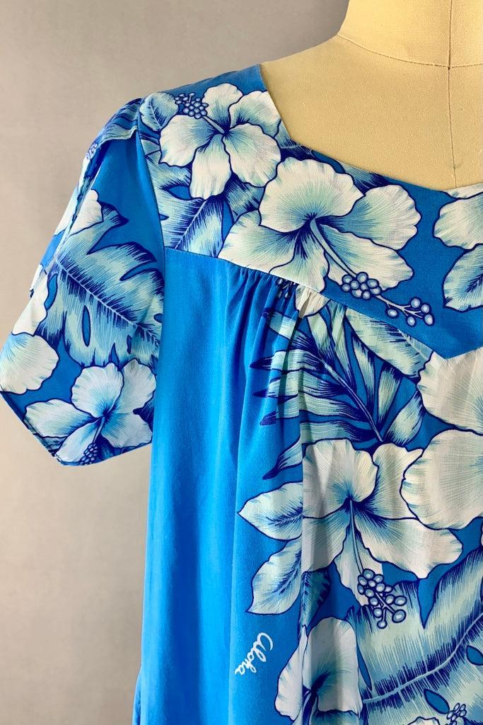 Vintage Blue & White Hawaiian Caftan Dress-ThisBlueBird