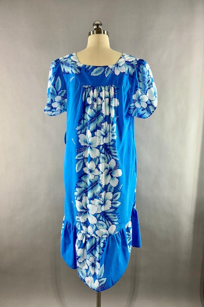 Vintage Blue &amp; White Hawaiian Caftan Dress-ThisBlueBird