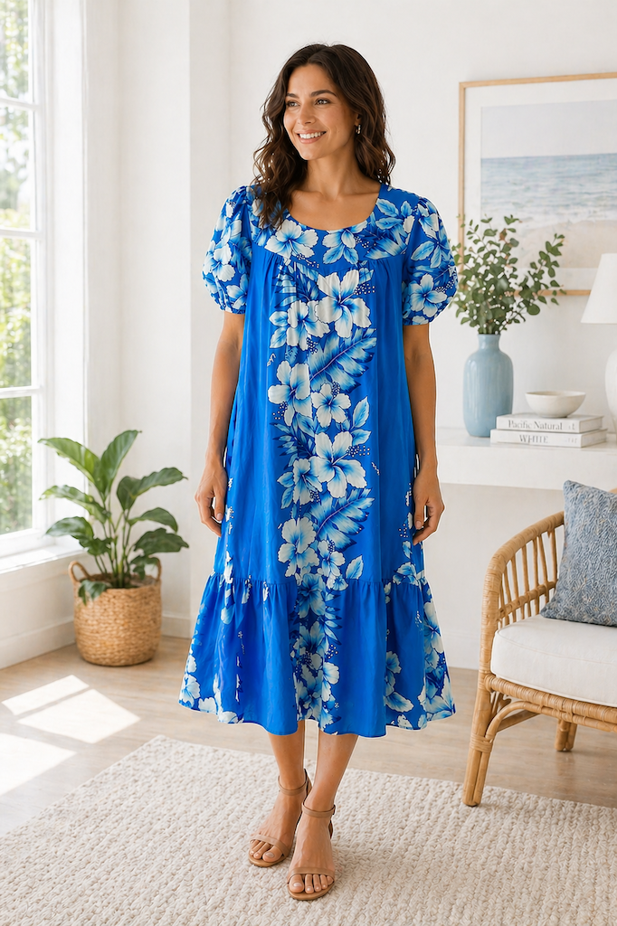 Vintage Blue &amp; White Hawaiian Caftan Dress-ThisBlueBird