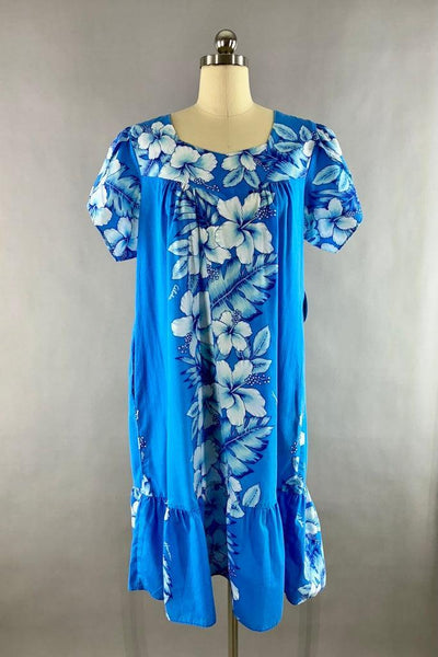 Vintage Blue & White Hawaiian Caftan Dress-ThisBlueBird