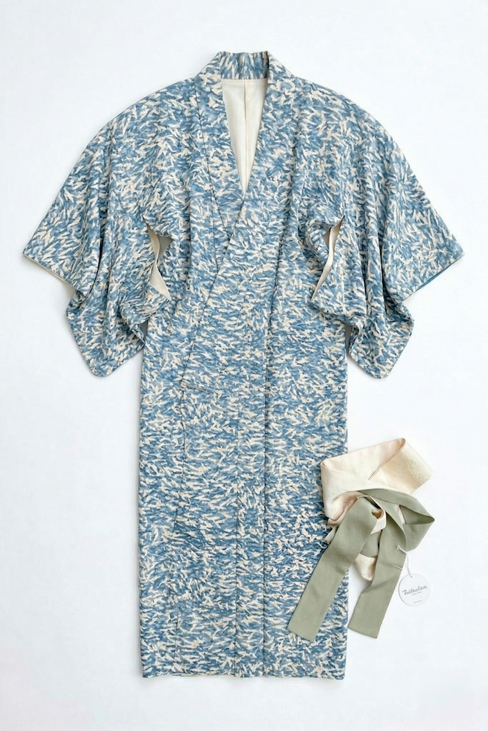 Vintage Blue &amp; White Silk Kimono Robe-ThisBlueBird