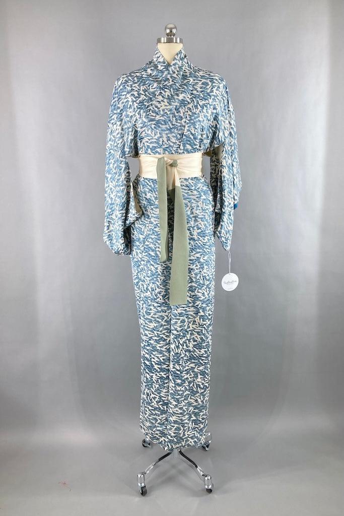 Vintage Blue & White Silk Kimono Robe