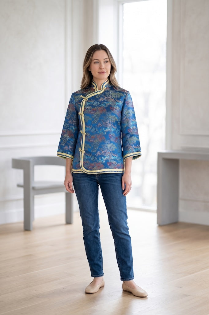 Vintage Blue &amp; Yellow Satin Brocade Asian Blouse-ThisBlueBird