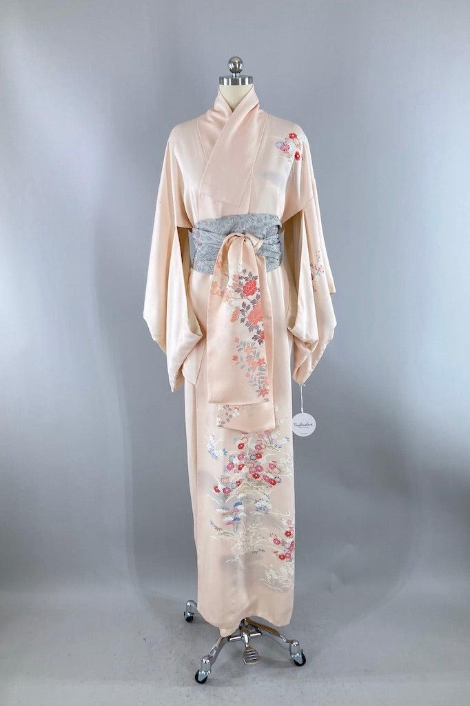 Vintage Blush Pink Floral Silk Kimono-ThisBlueBird