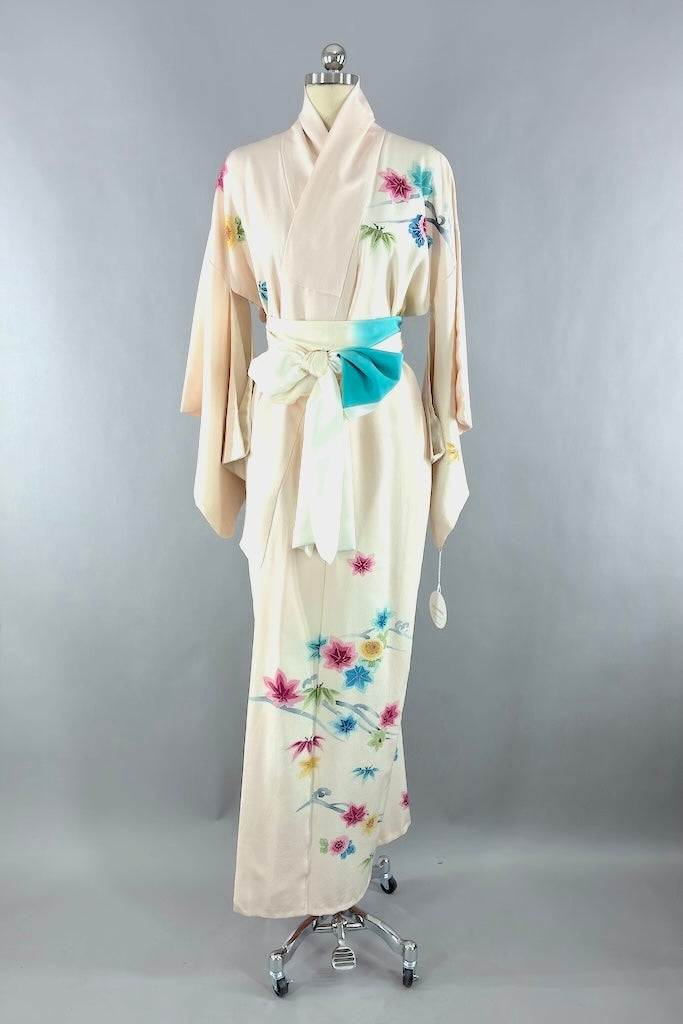 Vintage Blush Pink Maple Leaf Silk Kimono Robe-ThisBlueBird