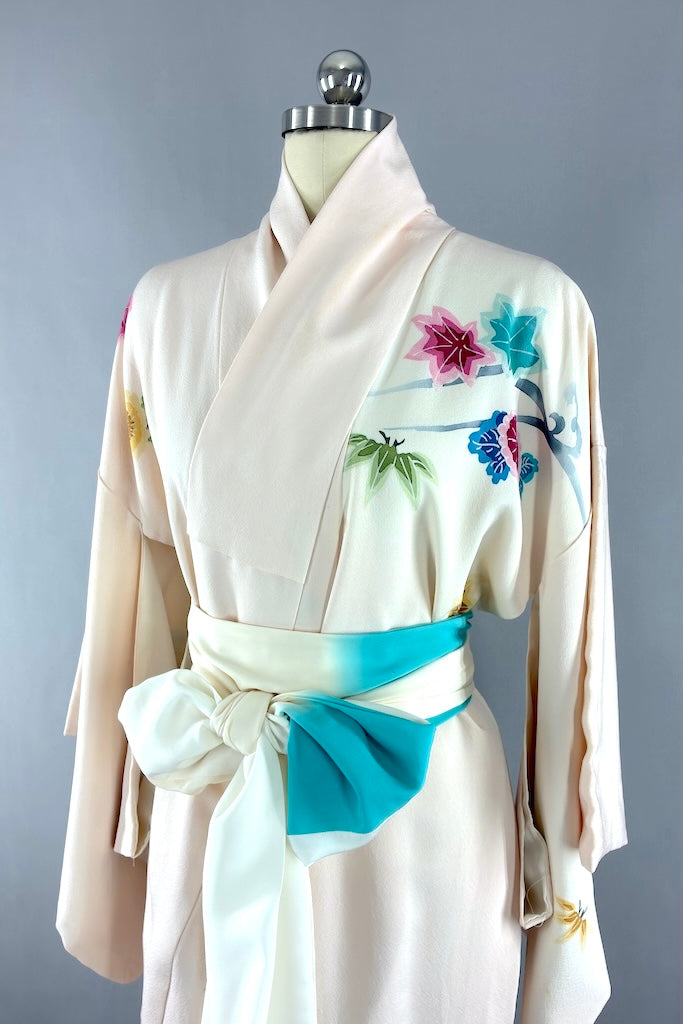 Vintage Blush Pink Maple Leaf Silk Kimono Robe-ThisBlueBird