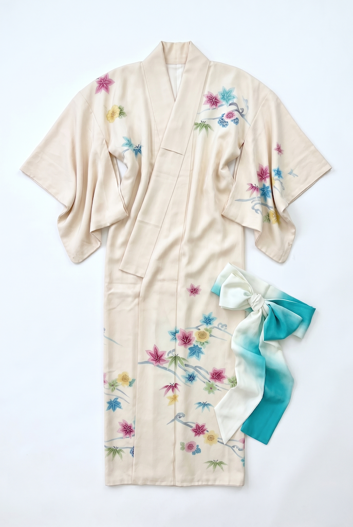 Vintage Blush Pink Maple Leaf Silk Kimono Robe-ThisBlueBird