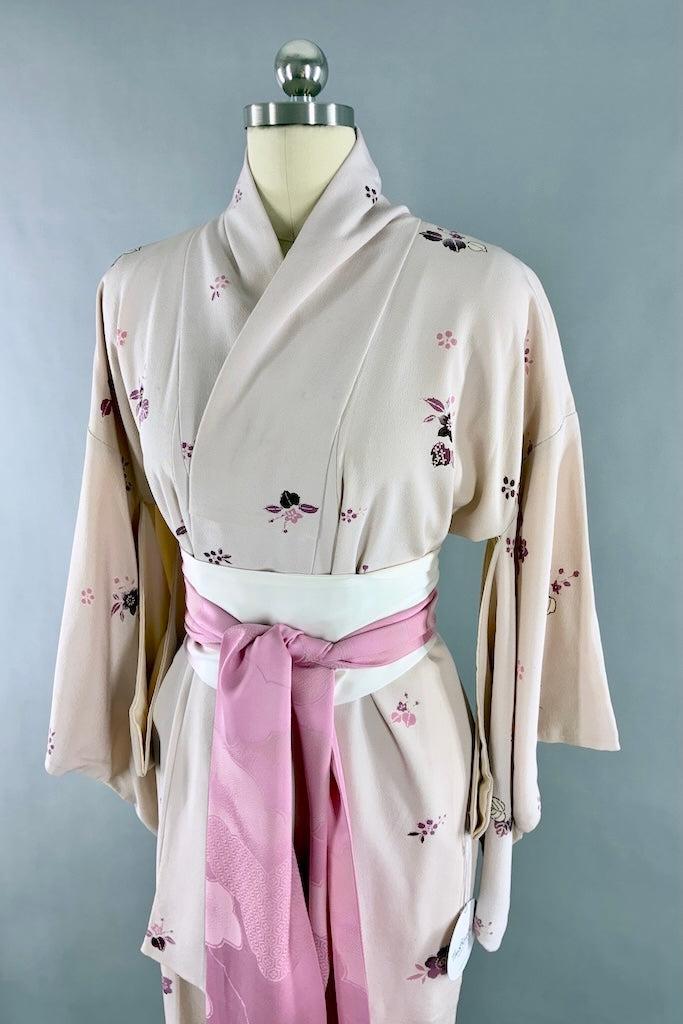 Vintage Blush Pink Silk Floral Kimono Robe-ThisBlueBird