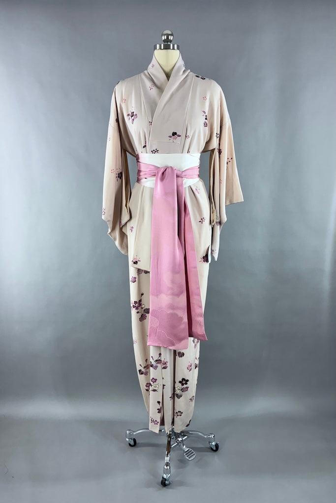 Vintage Blush Pink Silk Floral Kimono Robe-ThisBlueBird