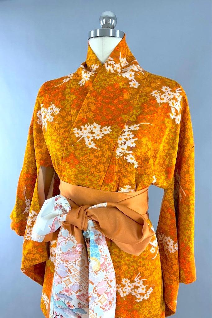 Vintage Bright Orange Floral Print Kimono Robe-ThisBlueBird