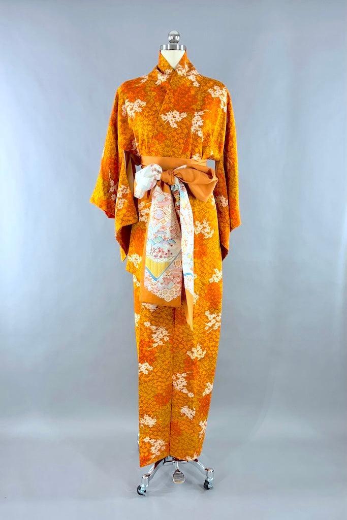 Vintage Bright Orange Floral Print Kimono Robe-ThisBlueBird