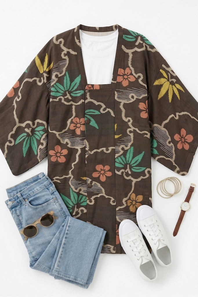 Vintage Brown Ikat Floral Silk Kimono Cardigan-ThisBlueBird