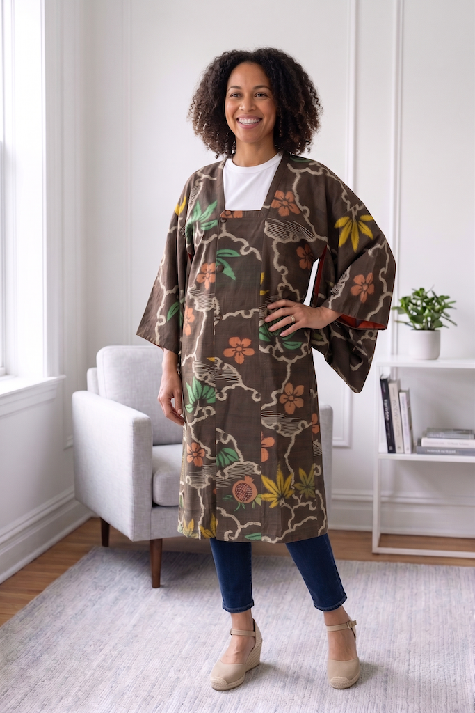 Vintage Brown Ikat Floral Silk Kimono Cardigan-ThisBlueBird