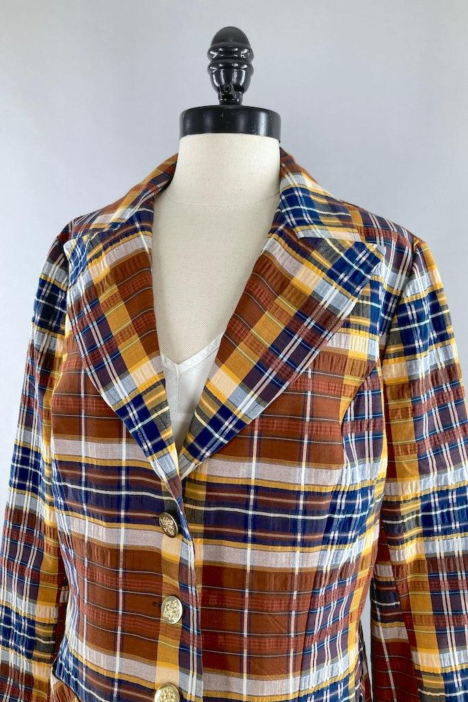 Vintage Brown &amp; Navy Madras Plaid Jacket-ThisBlueBird