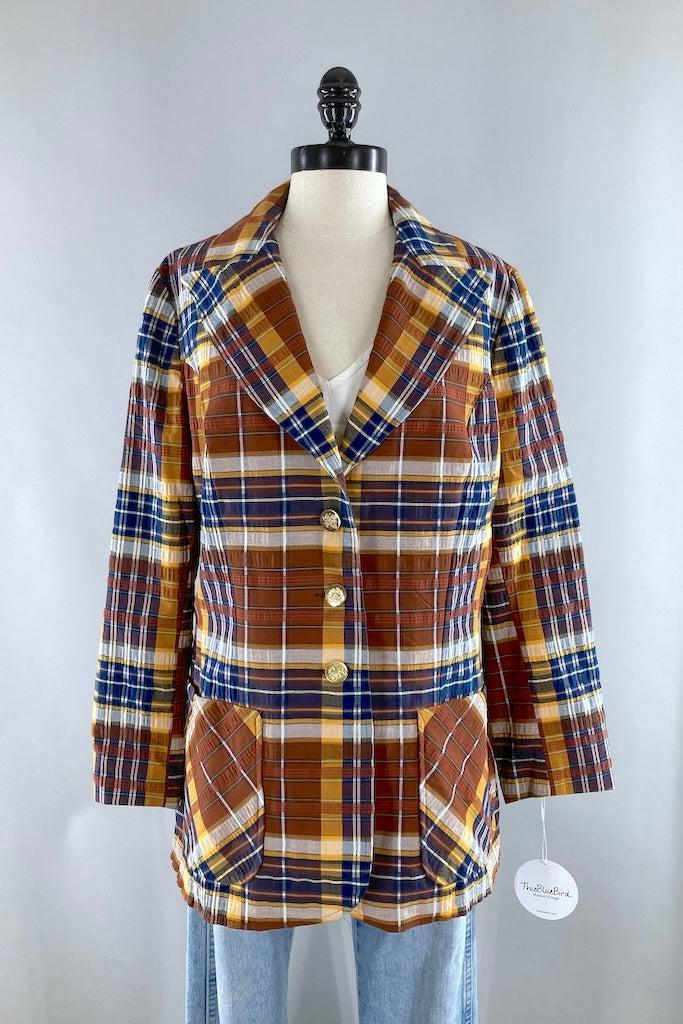 Vintage Brown &amp; Navy Madras Plaid Jacket-ThisBlueBird