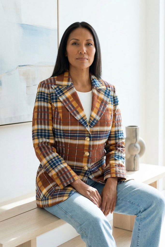 Vintage Brown & Navy Madras Plaid Jacket-ThisBlueBird