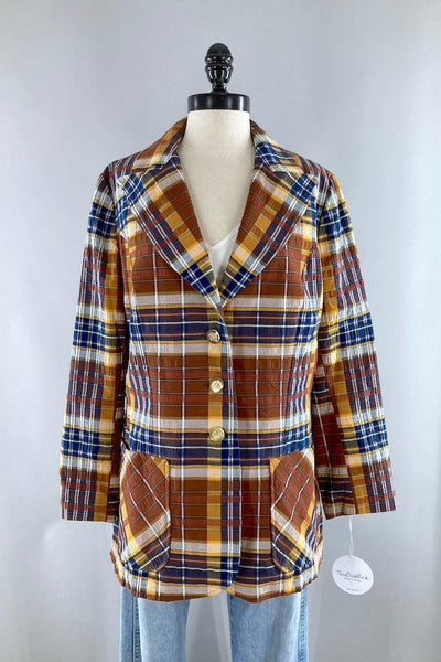 Vintage Brown & Navy Madras Plaid Jacket-ThisBlueBird