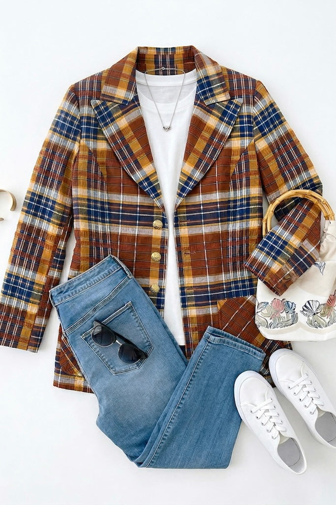 Vintage Brown & Navy Madras Plaid Jacket-ThisBlueBird