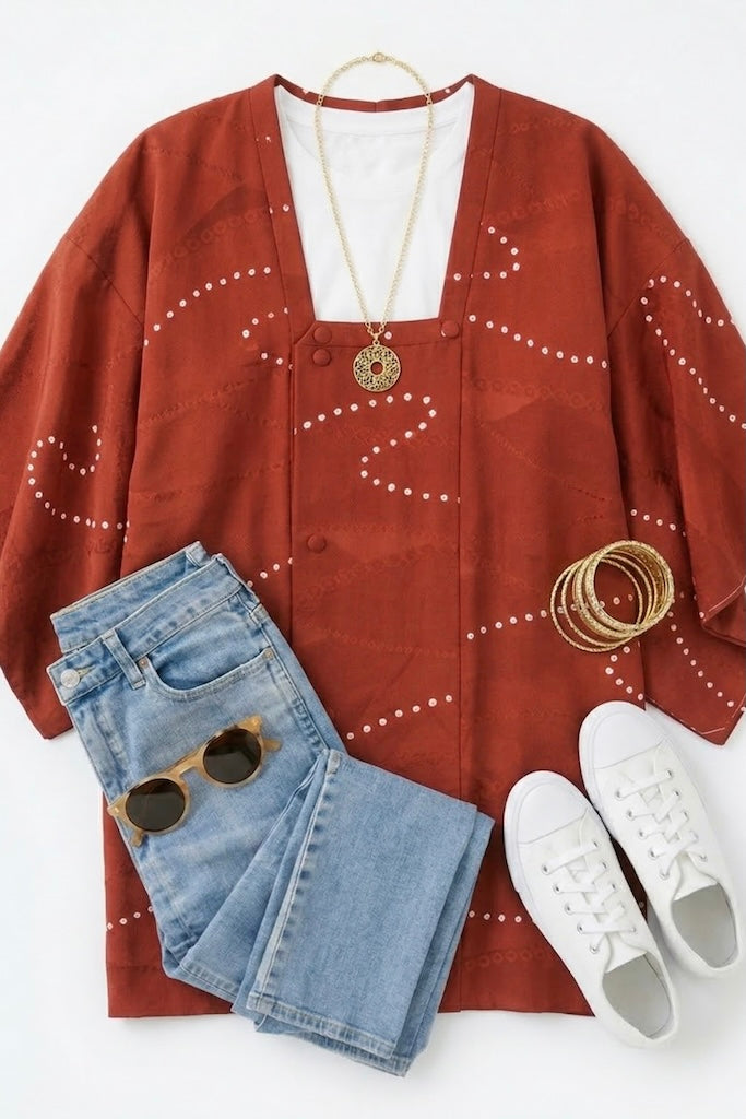 Vintage Brown Shibori Dots Silk Kimono Cardigan-ThisBlueBird