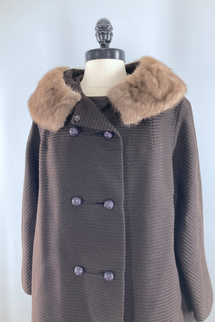 Vintage Brown Wool Coat with Mink Collar-ThisBlueBird