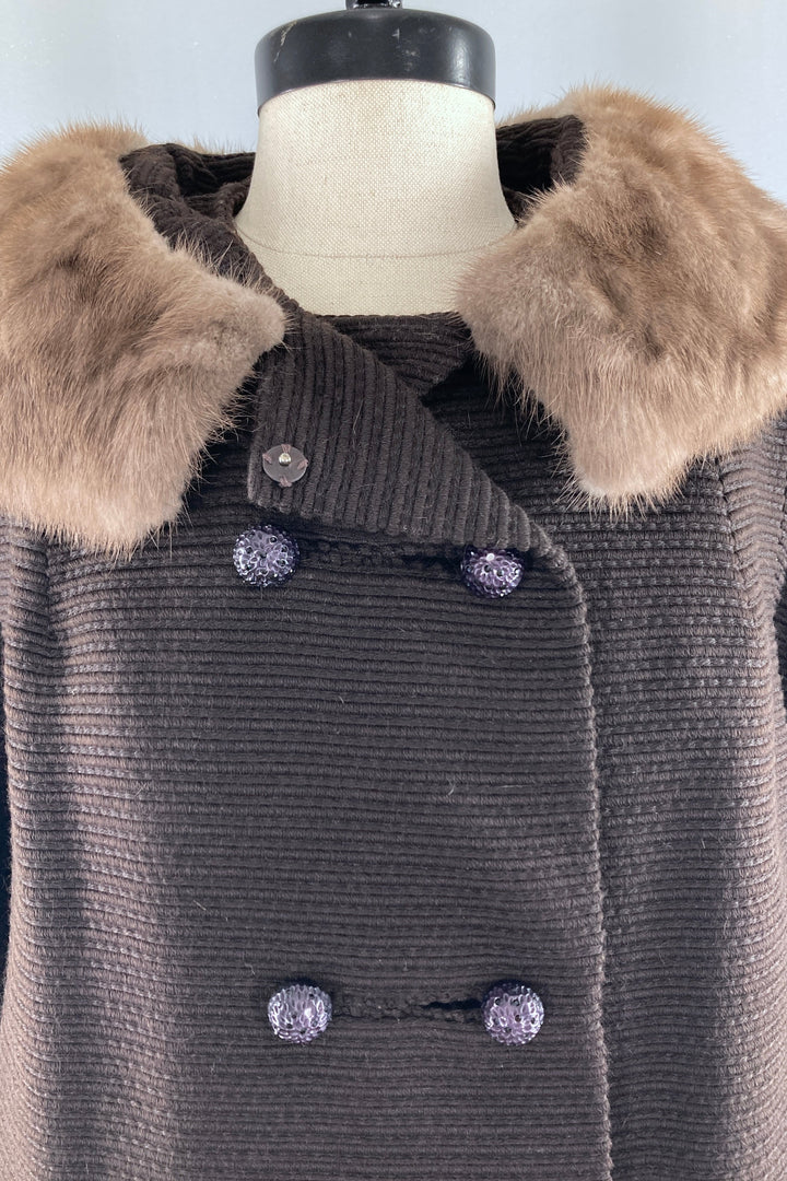 Vintage Brown Wool Coat with Mink Collar-ThisBlueBird