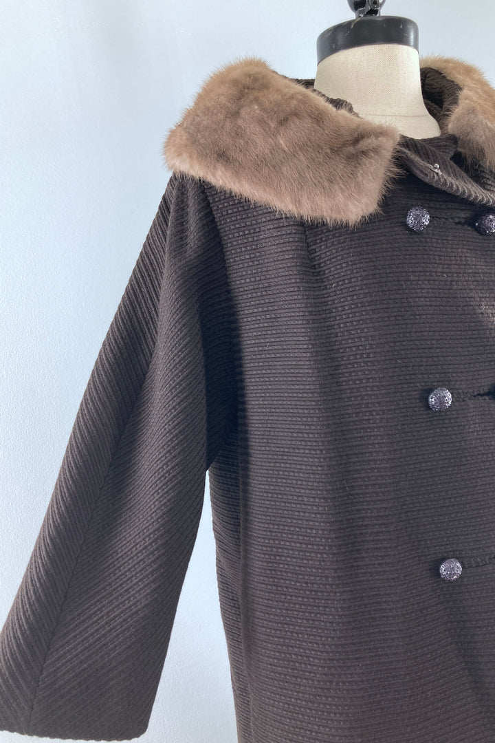 Vintage Brown Wool Coat with Mink Collar-ThisBlueBird