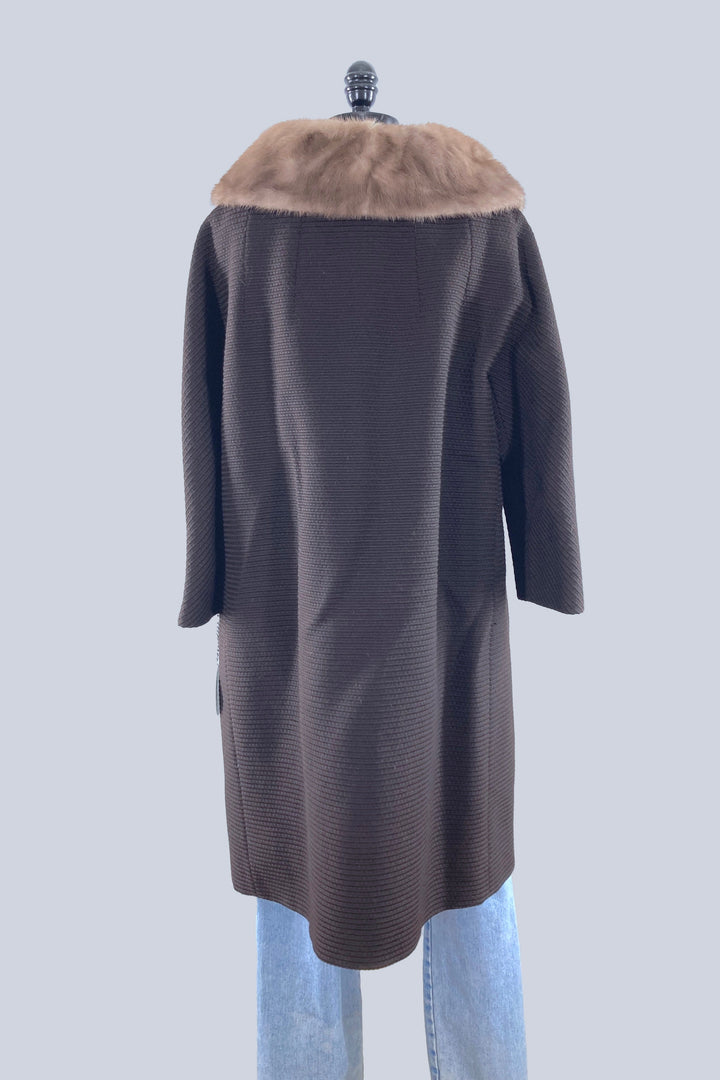 Vintage Brown Wool Coat with Mink Collar-ThisBlueBird