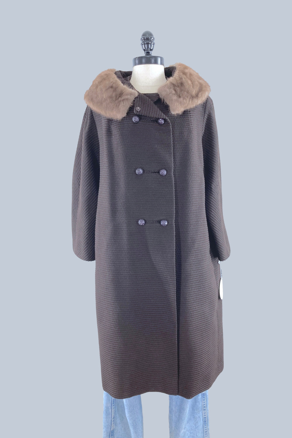 Vintage Brown Wool Coat with Mink Collar-ThisBlueBird