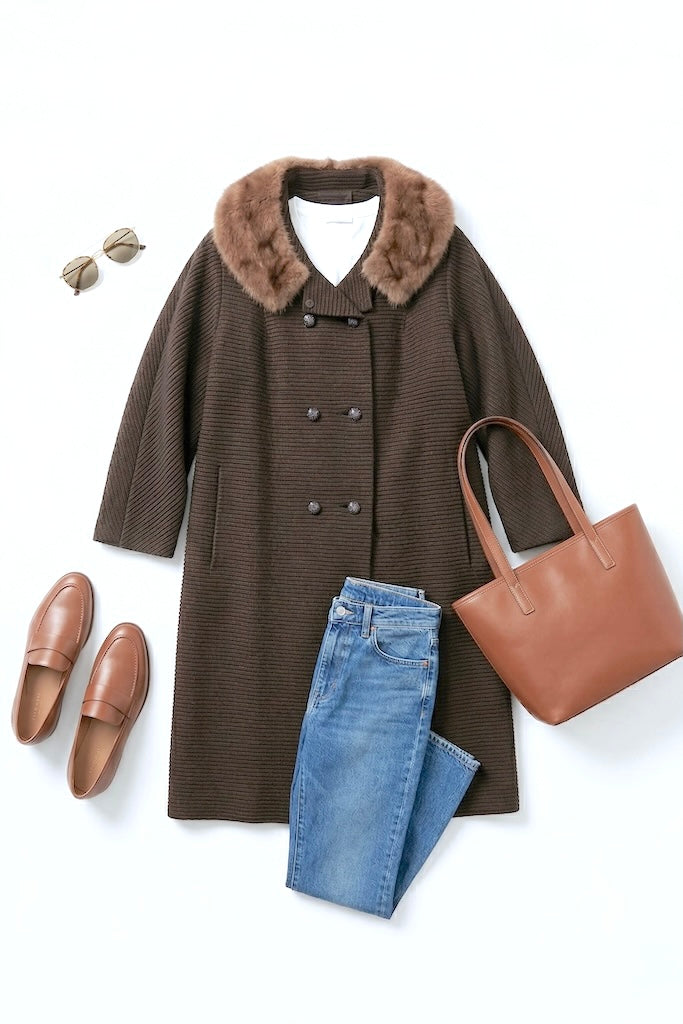 Vintage Brown Wool Coat with Mink Collar-ThisBlueBird