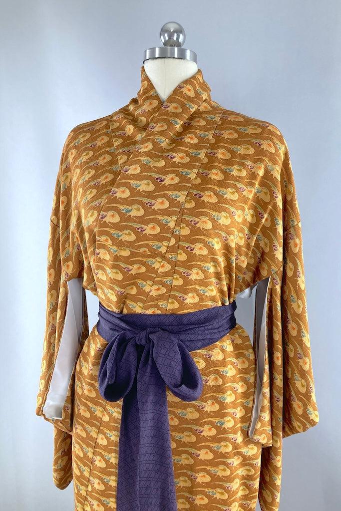 Vintage Caramel Birds Silk Kimono-ThisBlueBird