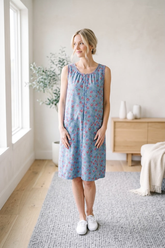 Vintage Chambray Floral Print House Dress-ThisBlueBird
