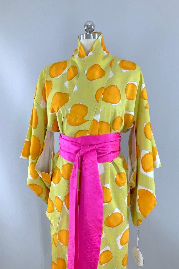 Vintage Chartreuse Silk Dot Kimono-ThisBlueBird